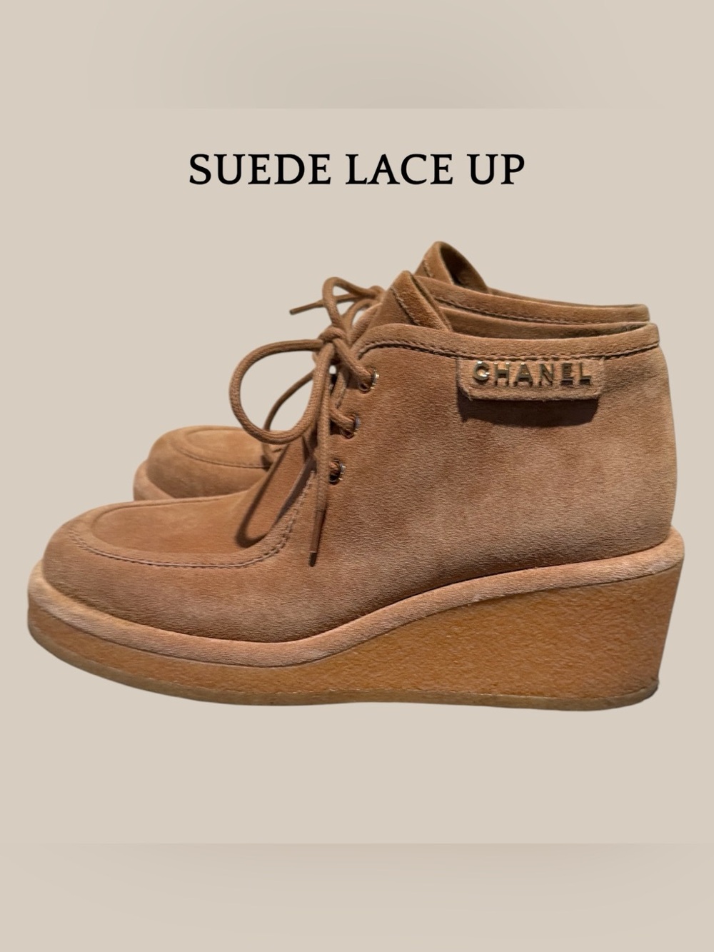 CHANEL Brown Suede Lace-Up Platform Ankle Boots